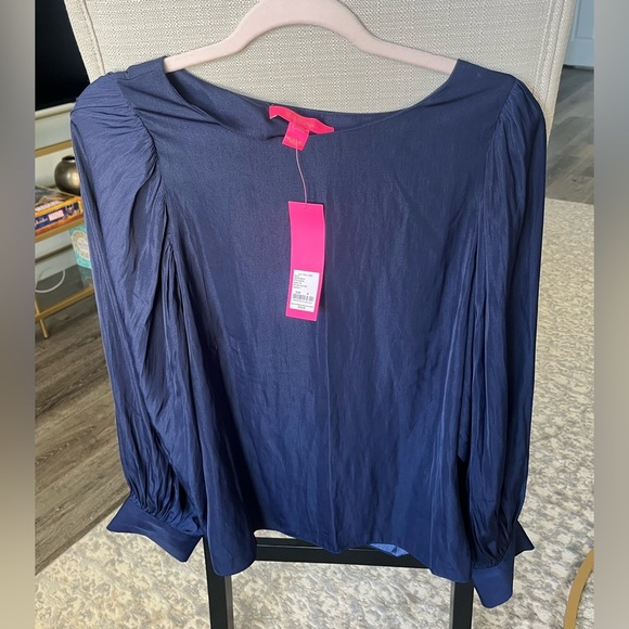 Lilly Pulitzer NWT Maisel Long Balloon Sleeve Top w Gold Buttons, Navy, M - Picture 2 of 8